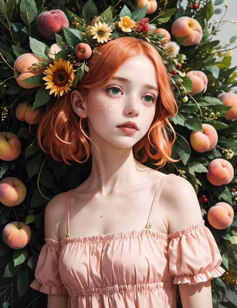 05565-349312546-by Rebecca Louise Law, radiant girl, peach hair, freckles, cute face, green eyes, a wreath of fruit on her head, art, abstract,.jpg